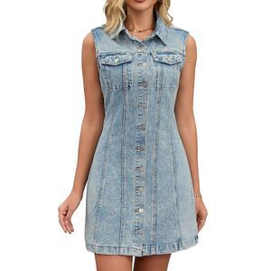 Women Denim Dress Sleeveless Collared Western Short Jean Dress Light Blue